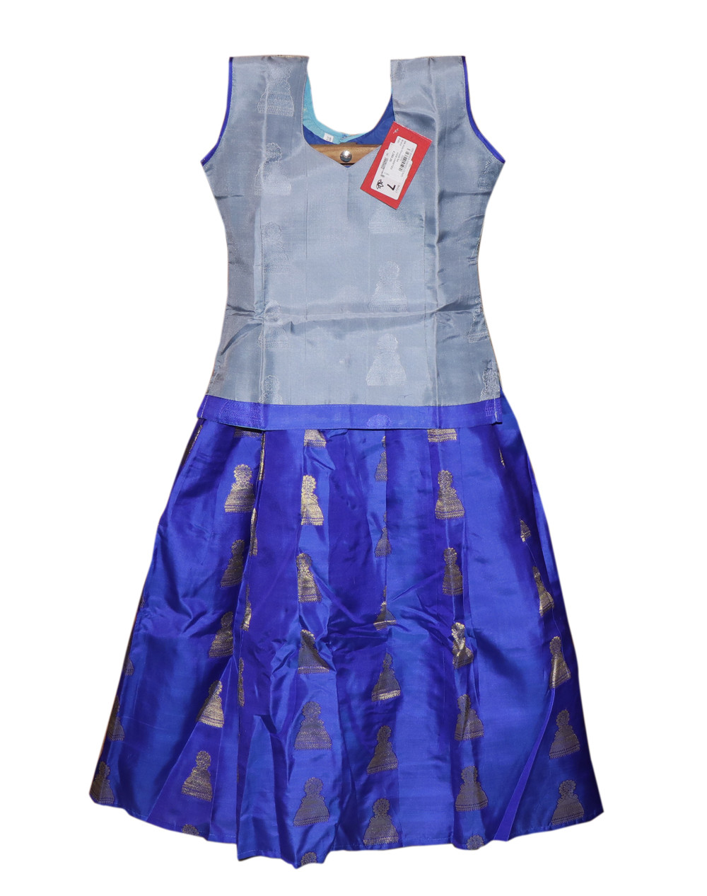7"Yr"_Kids Pavadai Set Kanchipuram Silk Grey And Royal Blue(KS7KP1)