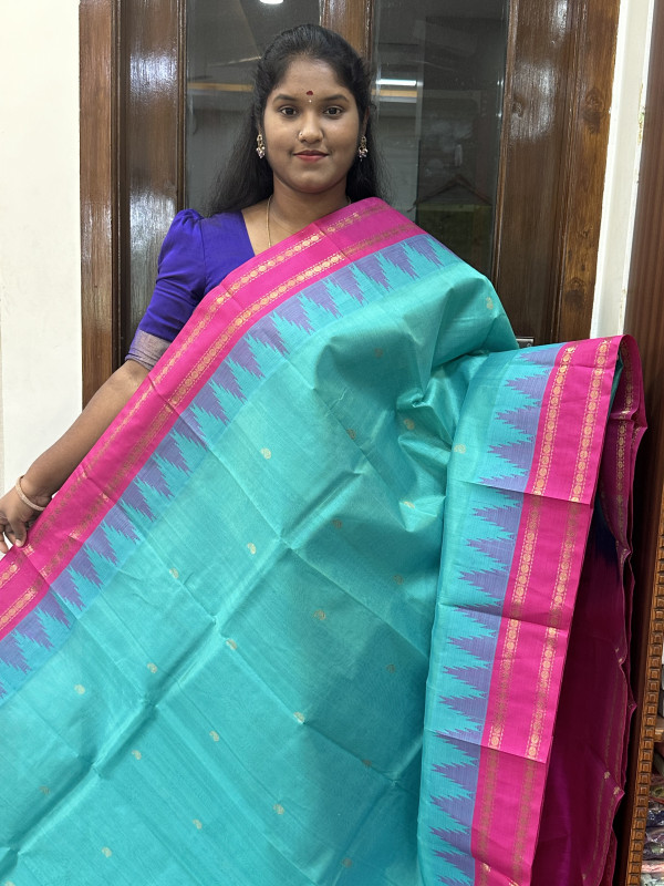 Silk Cotton Korvai Rettapet Thread Temple Border Dual Shaded Teal And Pink(SCKRTTB33)