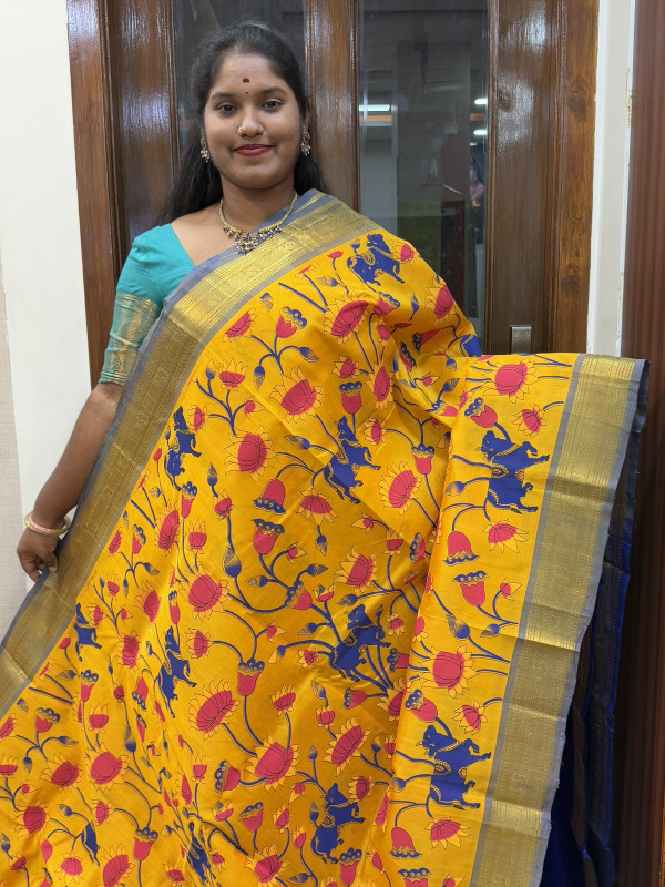 Silk Cotton Kalamkari Print Mustard Yellow And Royal Blue(SCPKS21)