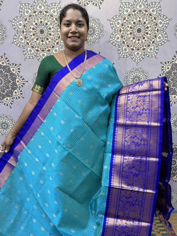 Silk Cotton Kuppadam L&S Body Checked Buttas Dual Shaded Teal And Violet(SCKLSBC29)