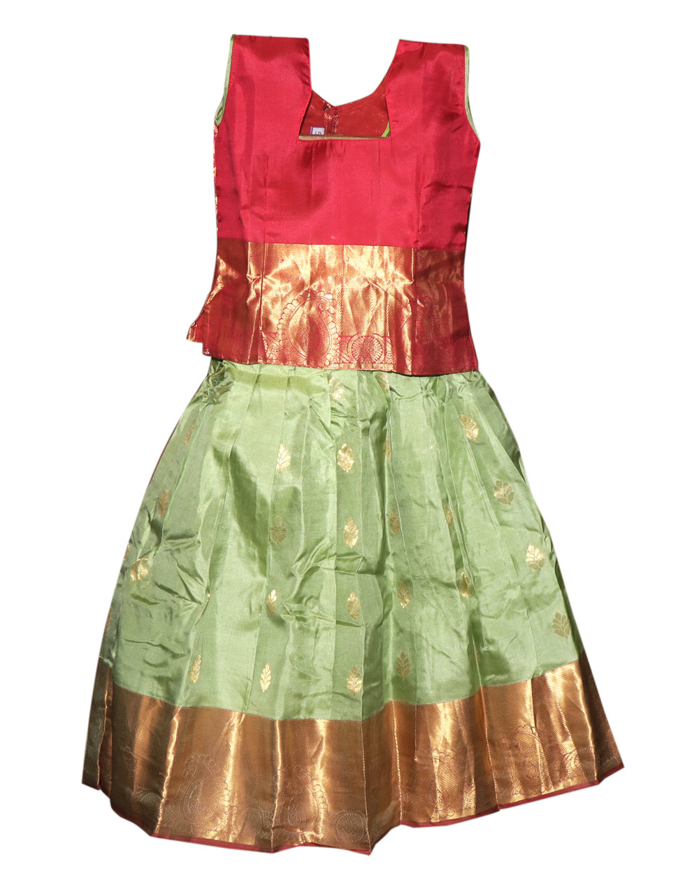 5"Yr"_Kids Pavadai Set Kanchipuram Silk Red And Pastel Green(KS5KP8)