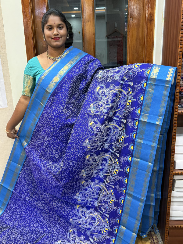 Silk Cotton Korvai Kalamkari Print Blue And CS Blue (SCKKP136)