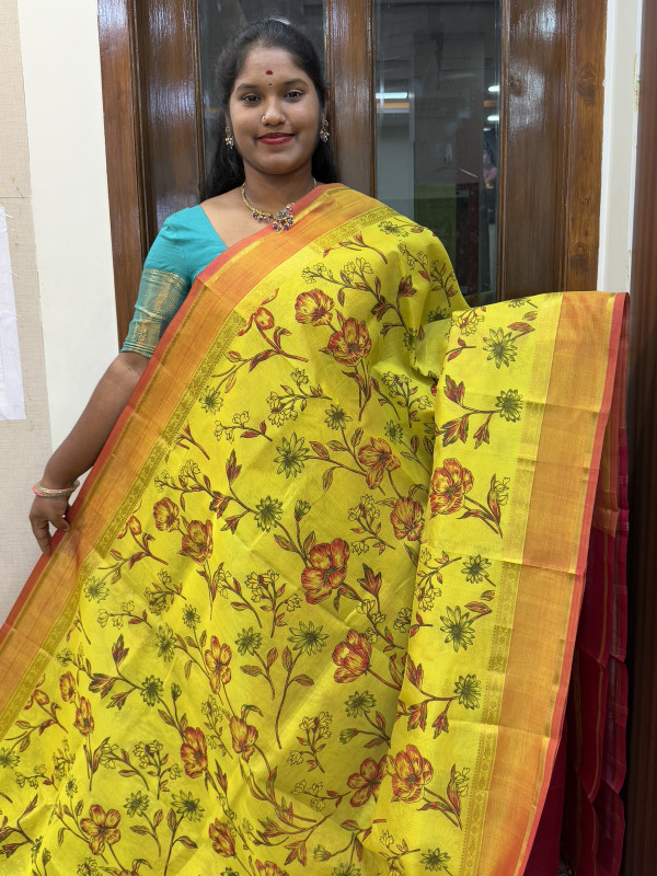 Silk Cotton Kalamkari Print Lime Yellow And Reddish Pink(SCPKS12)