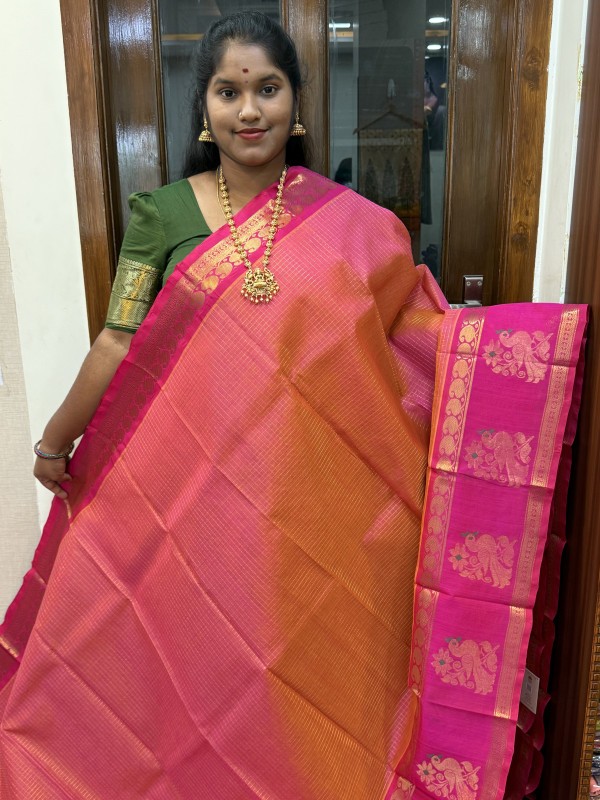 Silk Cotton Zari Checked Side Buttas Dual Shaded Pink And Pink(SCZCSB13)