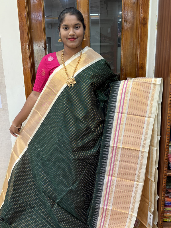 Silk Cotton Kuppadam Checked Temple Border Bottle Green And Off White(SCKCTB47)